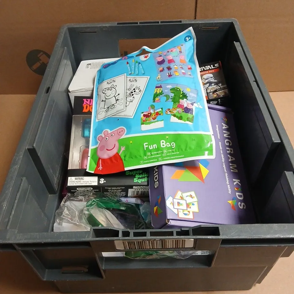 TOTE OF APPROXIMATELY 20 ASSORTED TOYS/RELATED ITEMS TO INCLUDE TANGRAM KIDS, STAR WARS RIVALS BOOSTER PACK, NEE DOH SET, PEPPA PIG FUN BAG, LEGO FROZEN ETC