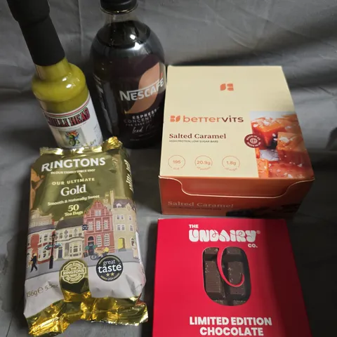 APPROXIMATELY 10 ASSORTED FOOD/DRINK PRODUCTS TO INCLUDE BETTER VITS SALTED CARAMEL, RINGTONS TEA BAGS, TANGO DRINK ETC 