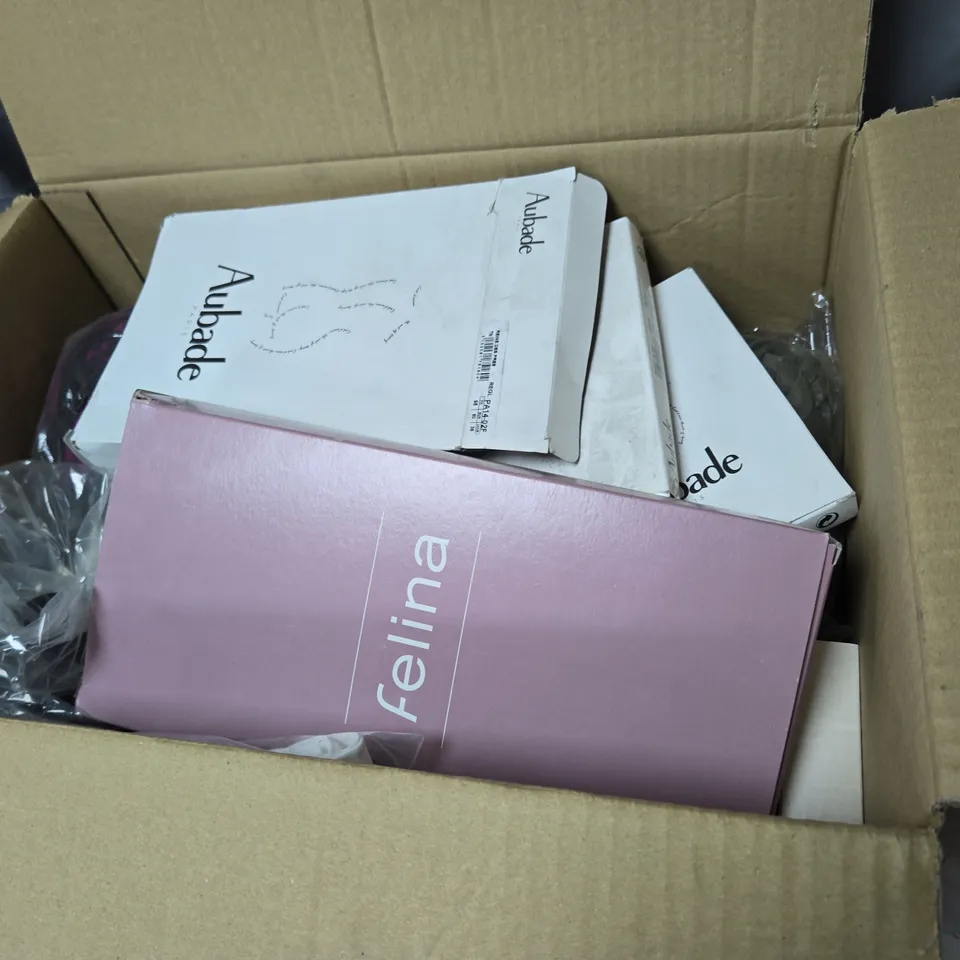 BOX OF APPROXIMATELY 25 ASSORTED ITEMS INCLUDING AUBADE PARIS TOP , ROSA FAIA POWDER ROSE SHIRT , GOSSARD BRA AND BOITE A DESIR AUBABE BRA