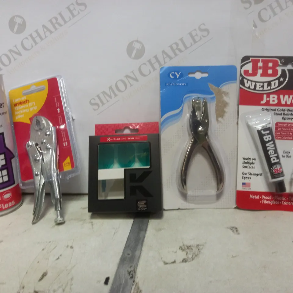 BOX OF APPROXIMATELY 20 ASSORTED ITEMS TO INCLUDE - BEAPHAR HOUSEHOLD FLEA POWDER - KFLEX FLIGHTS FOR DARTS - AMTECH LOCKING GRIP PLIER ETC