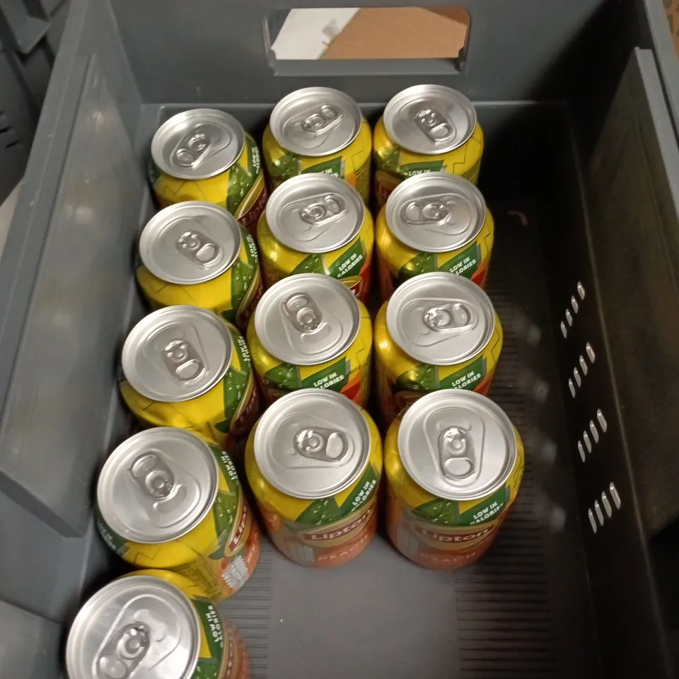TOTE OF APPROXIMATELY 12 CANS OF LIPTON ICE TEA PEACH FLAVOUR 330ML PER CAN