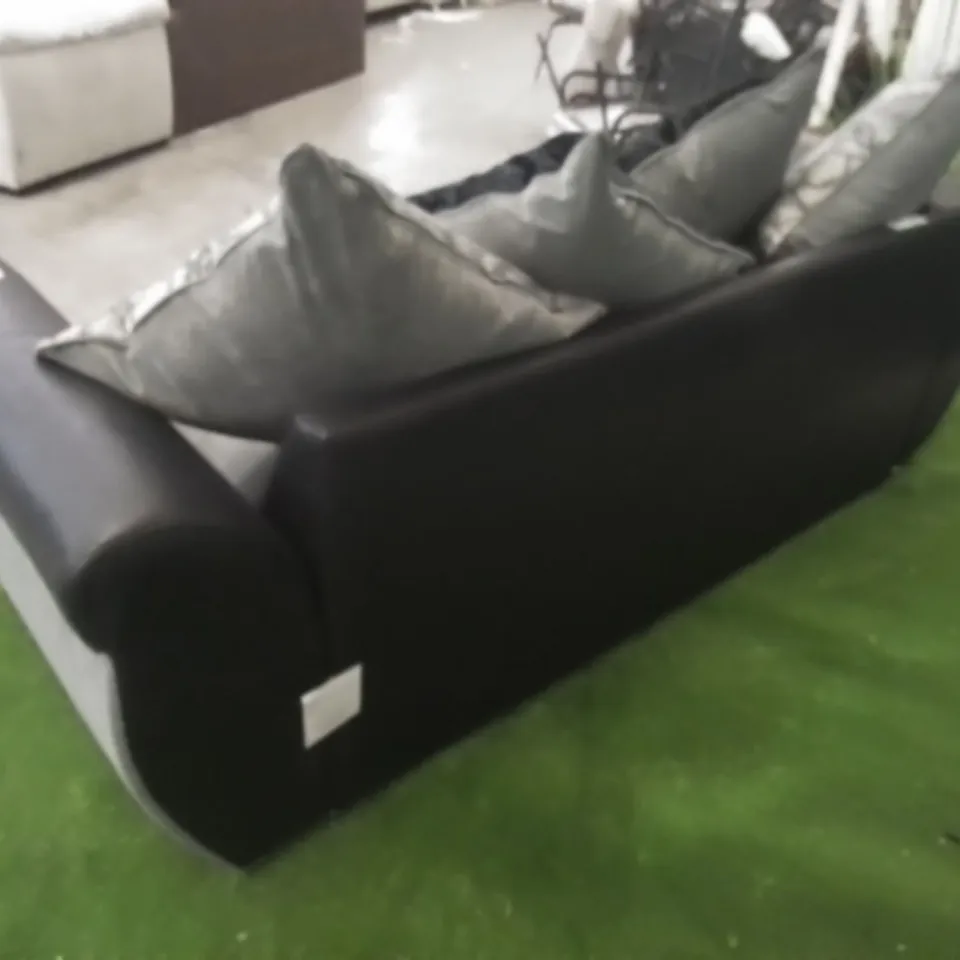 DESIGNER GREY AND BLACK FABRIC THREE SEATER SOFA ON METAL BAR FEET WITH SCATTER BACK CUSHIONS 