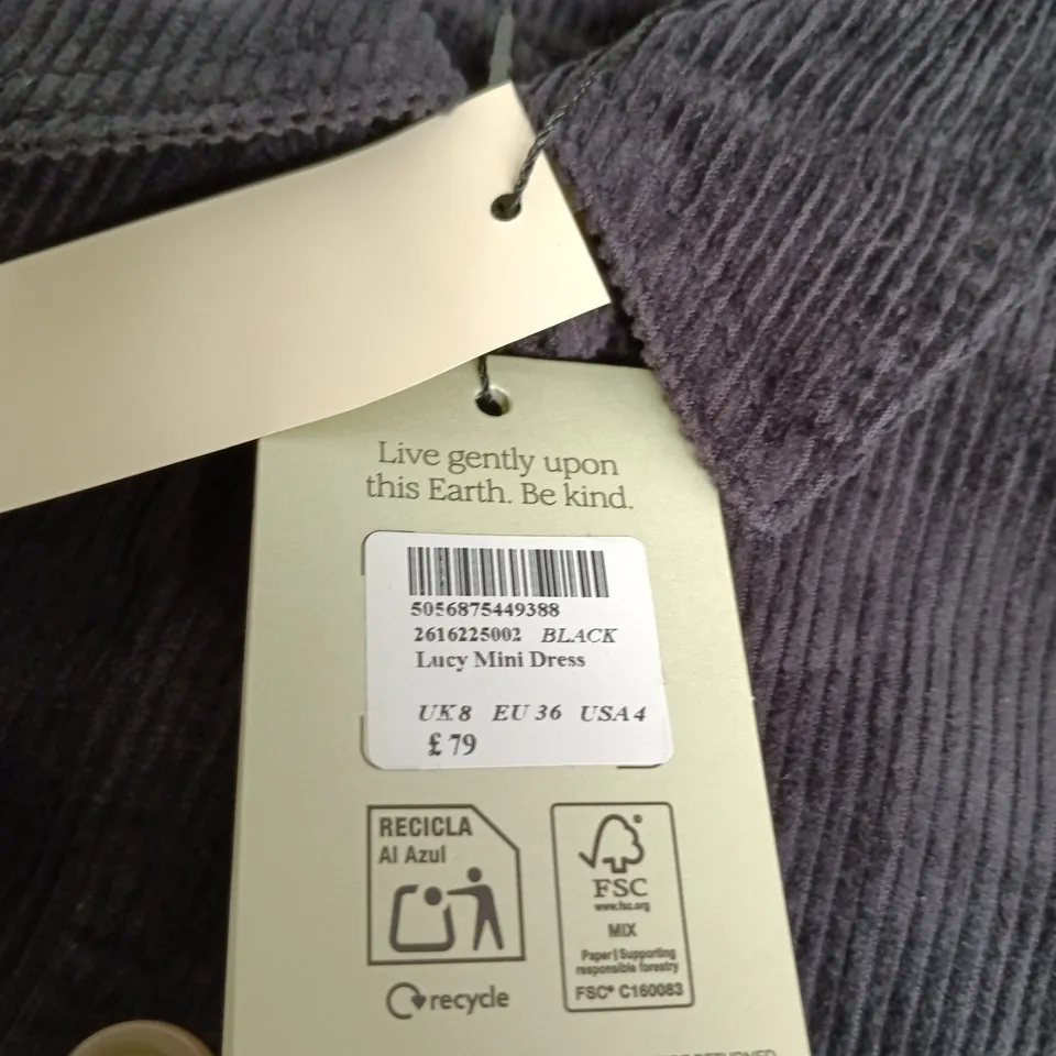 NOBODY'S CHILD LUCY MINI DRESS – BLACK CORDUROY, UK 8 (EU 36, USA 4)