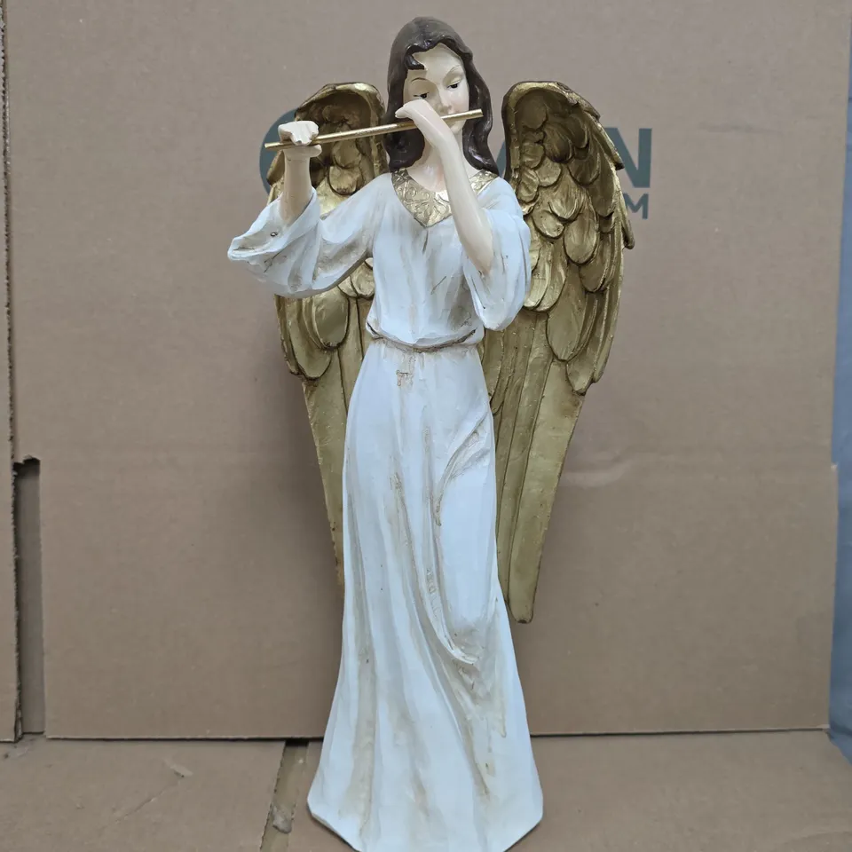 SET OF 2 CREAM AND GOLD RESIN TABLETOP ANGEL STATUES