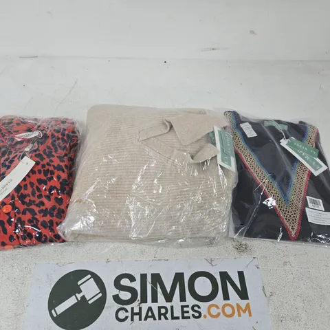 Set of 3 women's knitwear tops in packaging – beige knit, red leopard print & navy V-neck WOMEN'S CLOTHING BUNDLE – APROX 20 ITEMS TO INCLUDE CLOTHING ITEMS JUMPERS , TOPS AND DRESSES