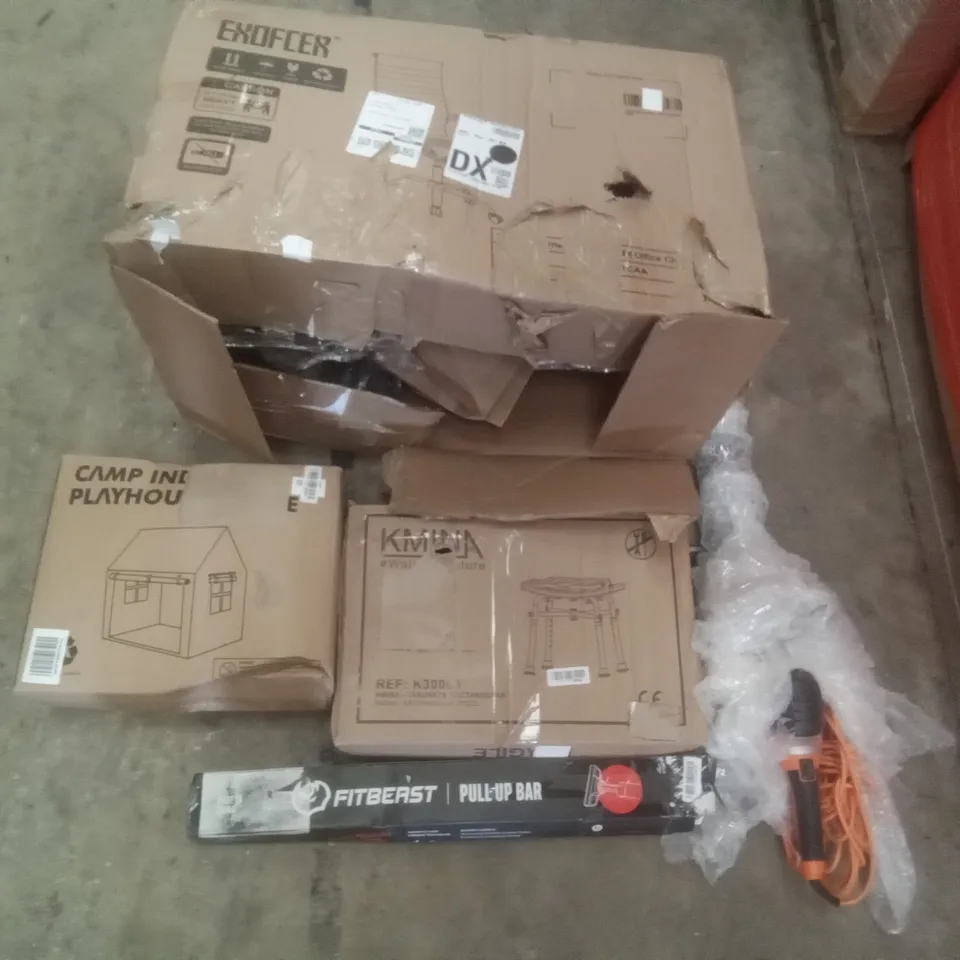PALLET OF ASSORTED ITEMS INCLUDING EXOFCER OFFICE CHAIR, CAMP INDOOR PLAYHOUSE, FITBEAST PULL UP BAR, KMINA RECTANGULAR STOOL, ELECTRIC HEDGE TRIMMER