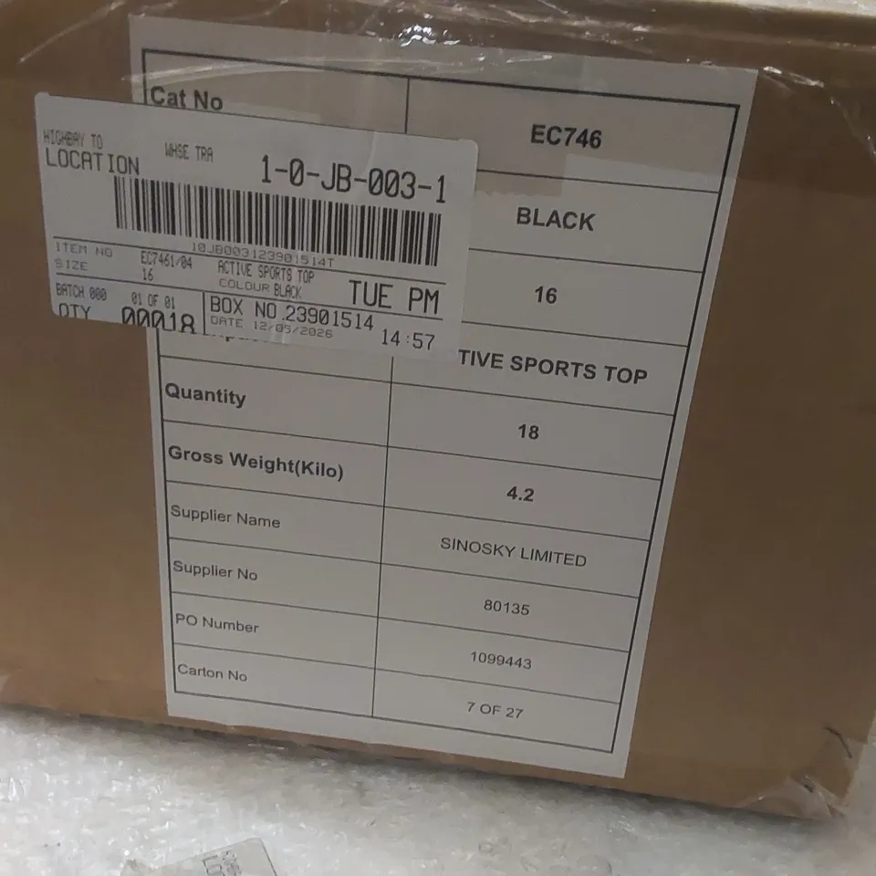 BOX CONTAINING APPROXIMATELY 18x BRAND NEW SIMPLY BE BLACK ACTIVE SPORTS TOPS - SIZE 16