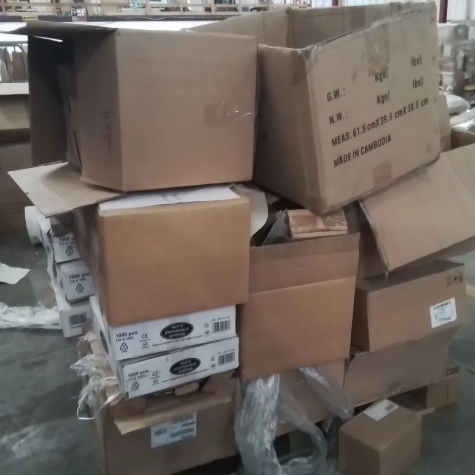 PALLET OF CATERING SUPPLIES TO INCLUDE;APRONS,BOWLS,VACUUM SEALED BAGS,SUGAR BOWLS