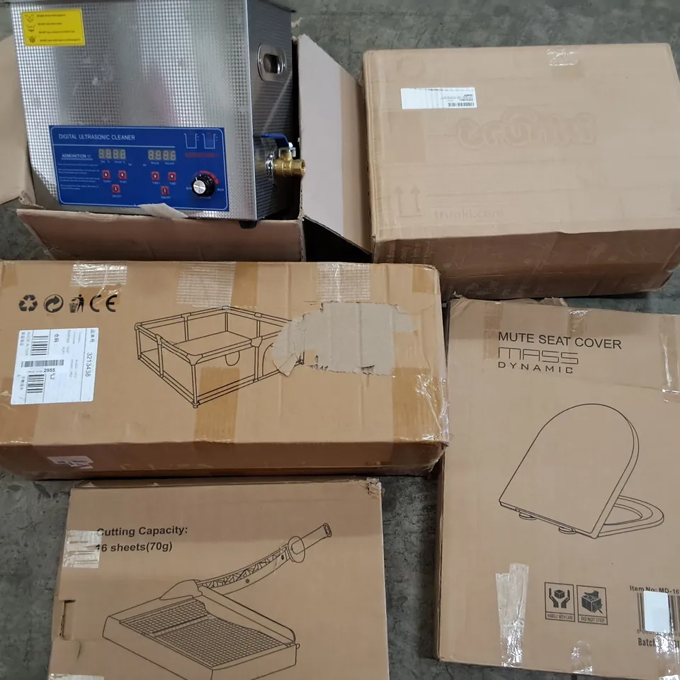 PALLET OF ASSORTED HOUSEHOLD ITEMS TO INCLUDE TRUNKI STORAGE,DIGITAL ULTRASONIC CLEANER AND 16 SHEET CUTTER