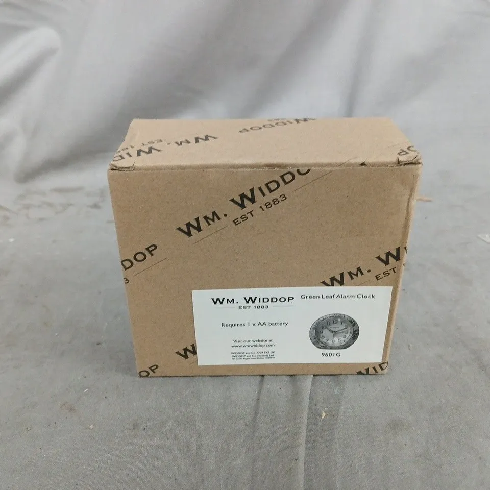 BOXED WM. WIDDOP GREEN LEAF ALARM CLOCK