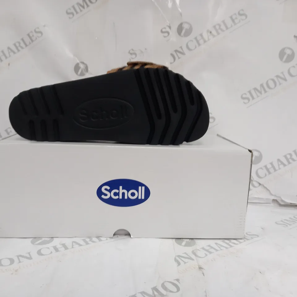 BOXED PAIR OF SCHOLL SANDALS LEATHER SOLE FURY STRIPED STRAP IN BROWN SIZE EU 35