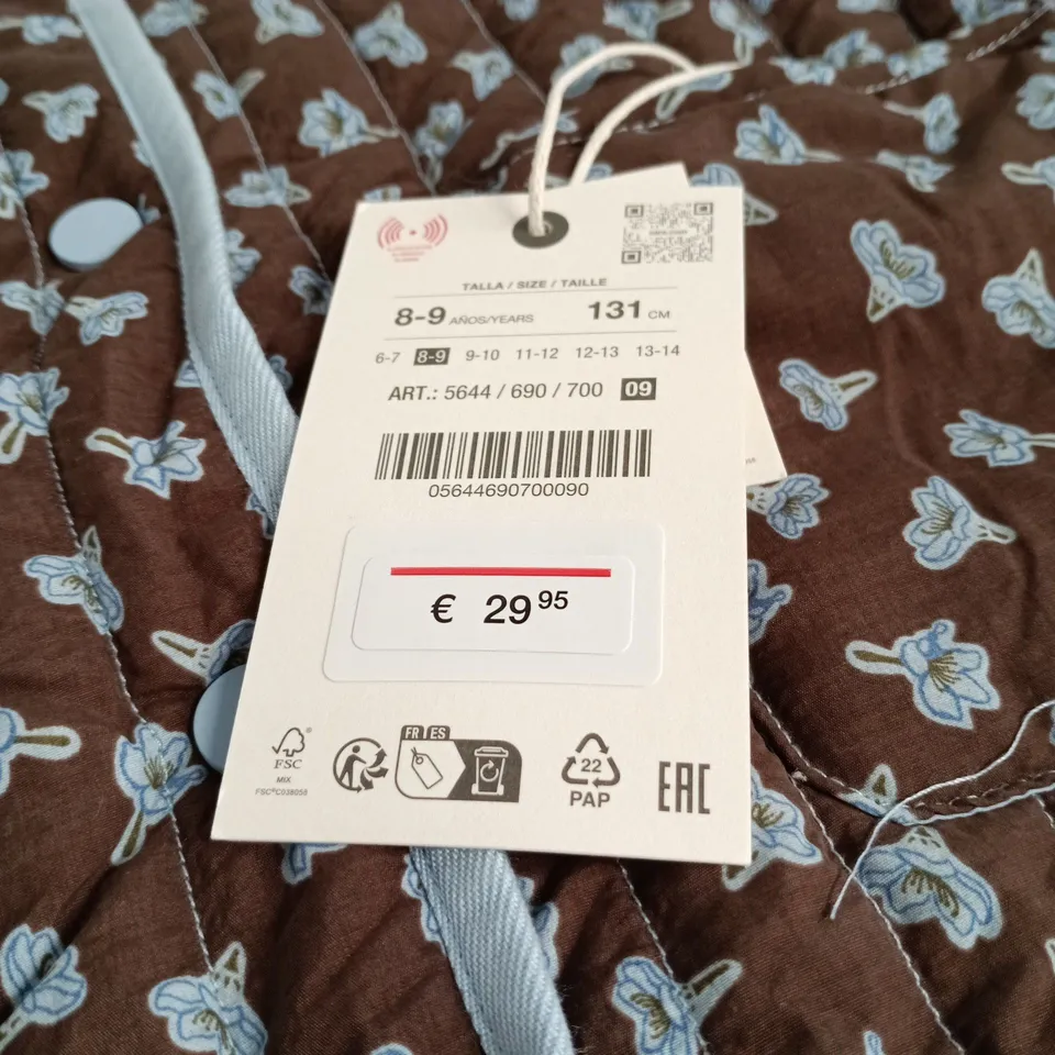 ZARA KIDS' QUILTED FLORAL JACKET - BROWN WITH LIGHT BLUE TRIM, SIZE 8-9 YEARS (131 CM)