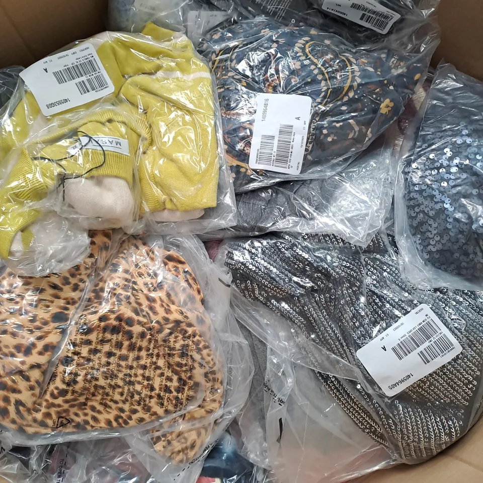 BOX OF ASSORTED CLOTHING ITEMS TOO INCLUDE COATS , TOPS, AND TROUSERS   ETC. 