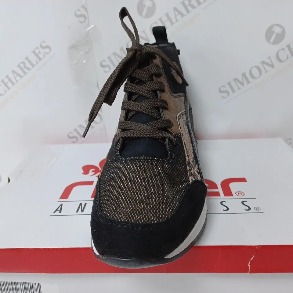 BOXED PAIR OF RIEKER HIGH TOP MIX MATERIAL TRAINER BOOTS IN BLACK UK SIZE 6