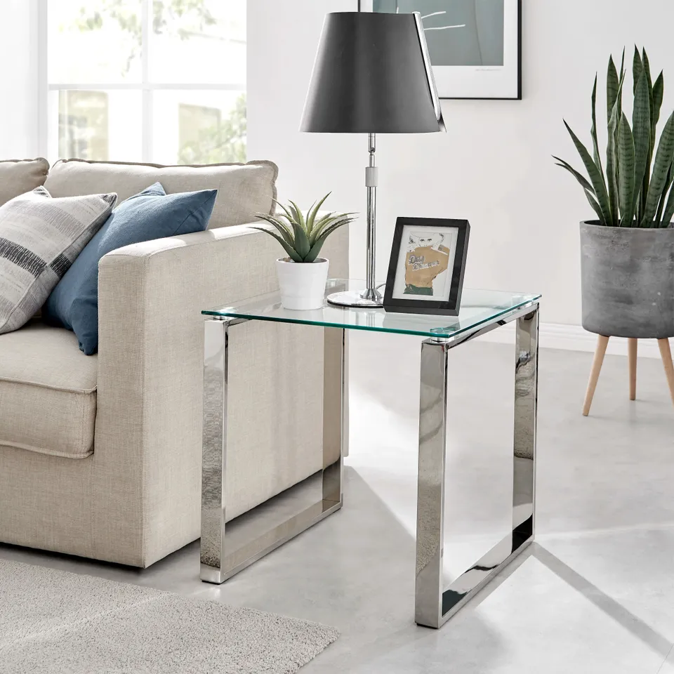 BOXED ADITYA CHROME AND TEMPERED GLASS SMALL SIDE TABLE 