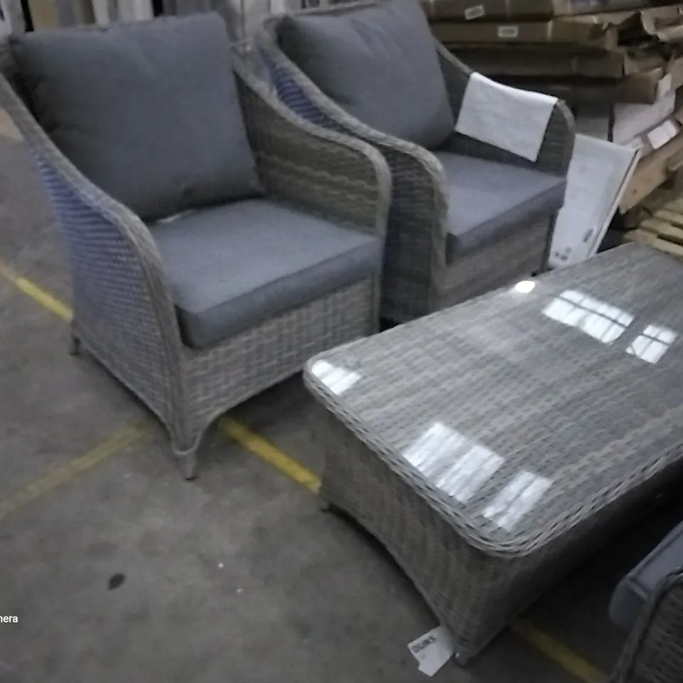 RATTAN EFFECT GARDEN CHAIRS AND TABLE   WITH CUSHIONS 