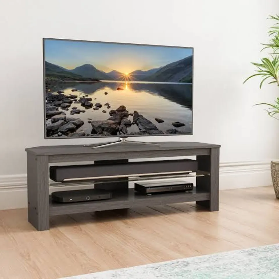BOXED AVF CALIBRE CA115GREX 1150mm CORNER TV STAND FOR UP TO 55" TVS - GREY OAK (1 BOX)