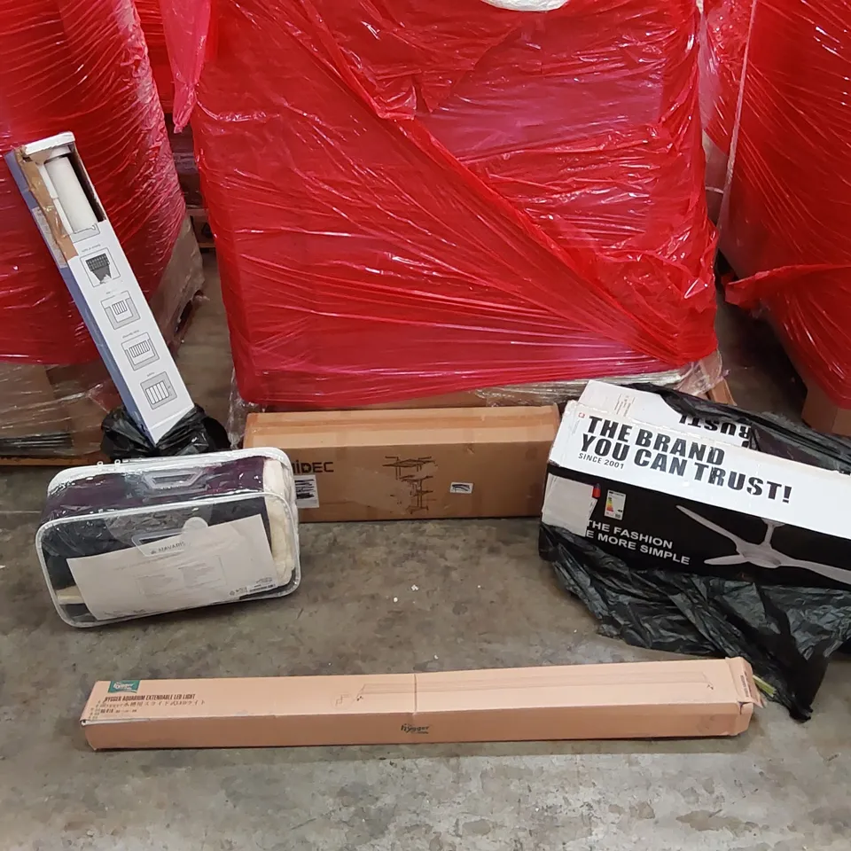 PALLET OF ASSORTED ITEMS INCLUDING: CEILING FAN LIGHT, ELECTRIC BLANKET, LED AQUARIUM LIGHT, DRYING RACK, RETRACTABLE SAFETY GATE 