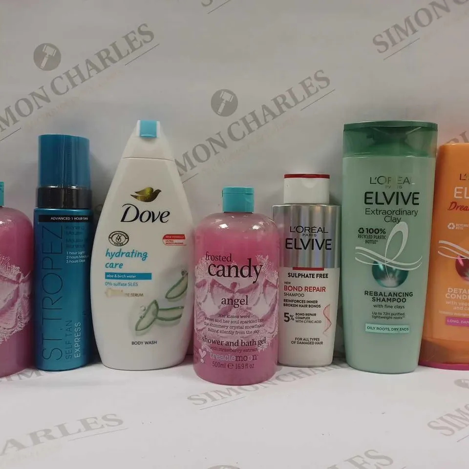 BOX OF APPROX 15 ASSORTED ITEMS TO INCLUDE - DOVE HYDRATING CARE - FROSTED CANDY ANGEL - L'OREAL PARIS ELVIVE SHAMPOO ECT
