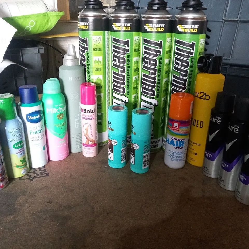 APPROXIMATELY 17 ASSORTED AEROSOLS TO INCLUDE; EVERBUILD, GOT2B, MITCHUM AND VASELINE