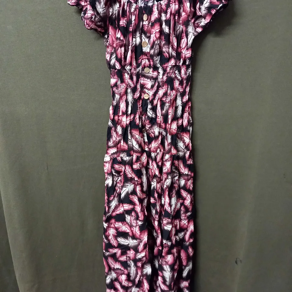 KURT MULLER WOMAN PUFFY SLEEVE MAXI DRESS IN TROPICAL FLORAL DESIGN IN BLACK/PURPLE/RED - S/M