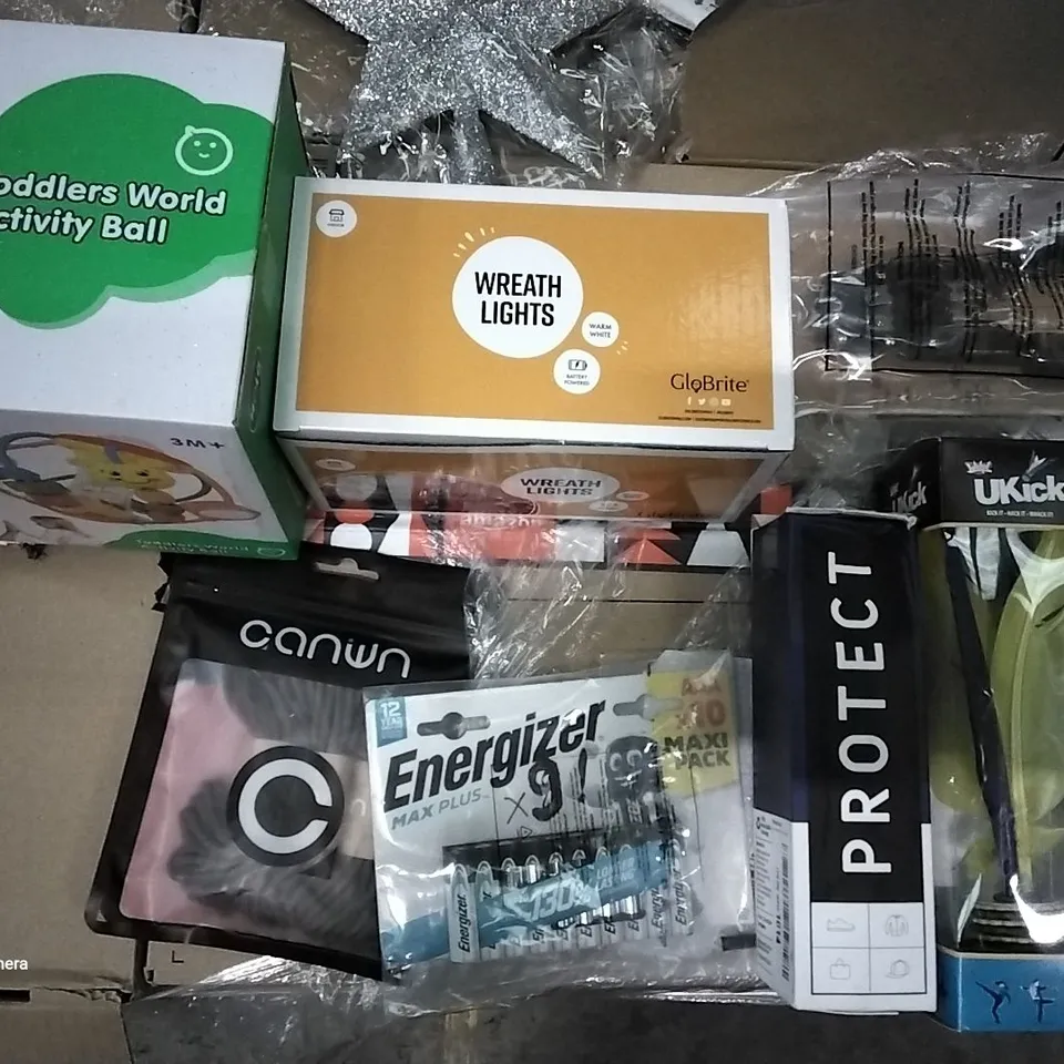 PALLET OF ASSORTED ITEMS INCLUDING WREATH LIGHTS, ENERGIZER AAA BATTERIES, CANWN BOOT LACES, CLOTHES PROTECTOR SPRAY, UKICK TOY, MODULAR PLUG CRIMP STRIP & CUT TOOL