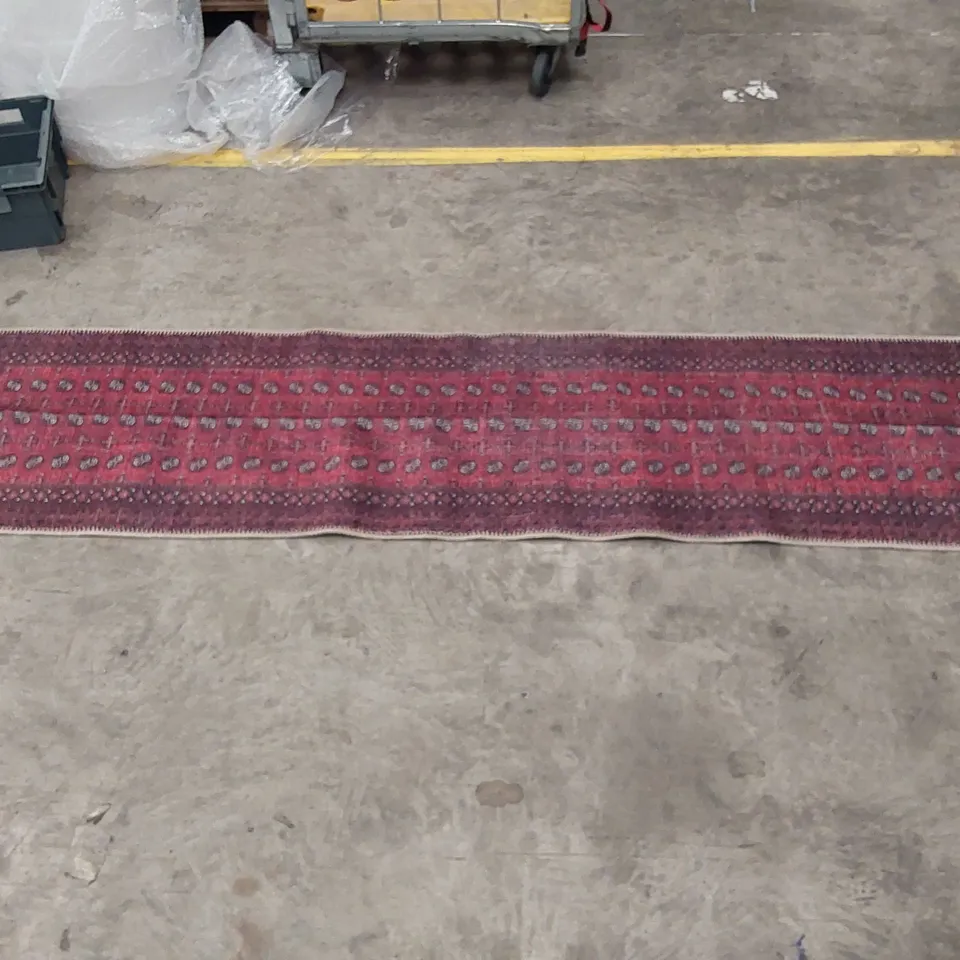 BOXED RED DISTRESSED PERSIAN STYLE ORIENTAL RUG // 60 X 240CM