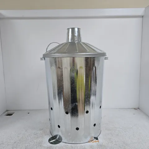 GALVANISED STEEL GARDEN INCINERATOR BIN WITH A BUILT-IN CHIMNEY LID AND VENTILATION HOLES BOXED