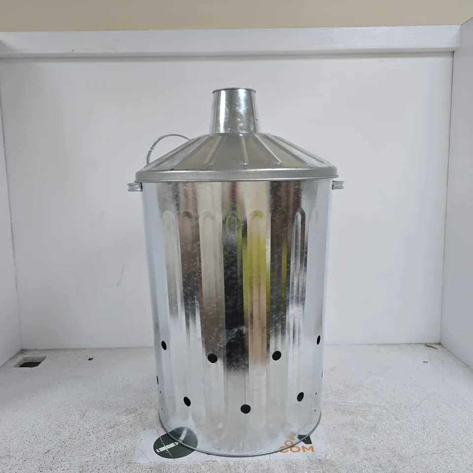 GALVANISED STEEL GARDEN INCINERATOR BIN WITH A BUILT-IN CHIMNEY LID AND VENTILATION HOLES BOXED