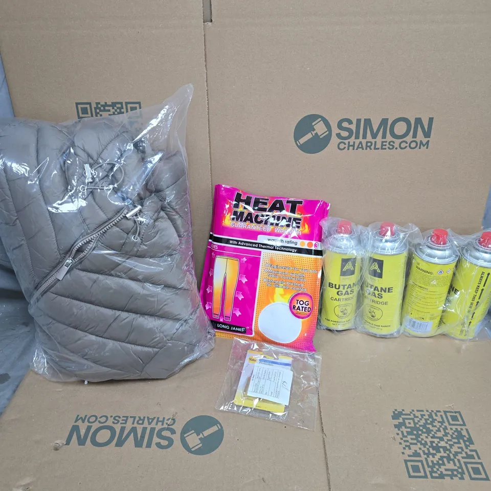 APPROXIMATELY 20 ASSORTED HOUSEHOLD ITEMS TO INCLUDE CLOTHING, BUTANE GAS CARTRIDGES AND YALE PADLOCK