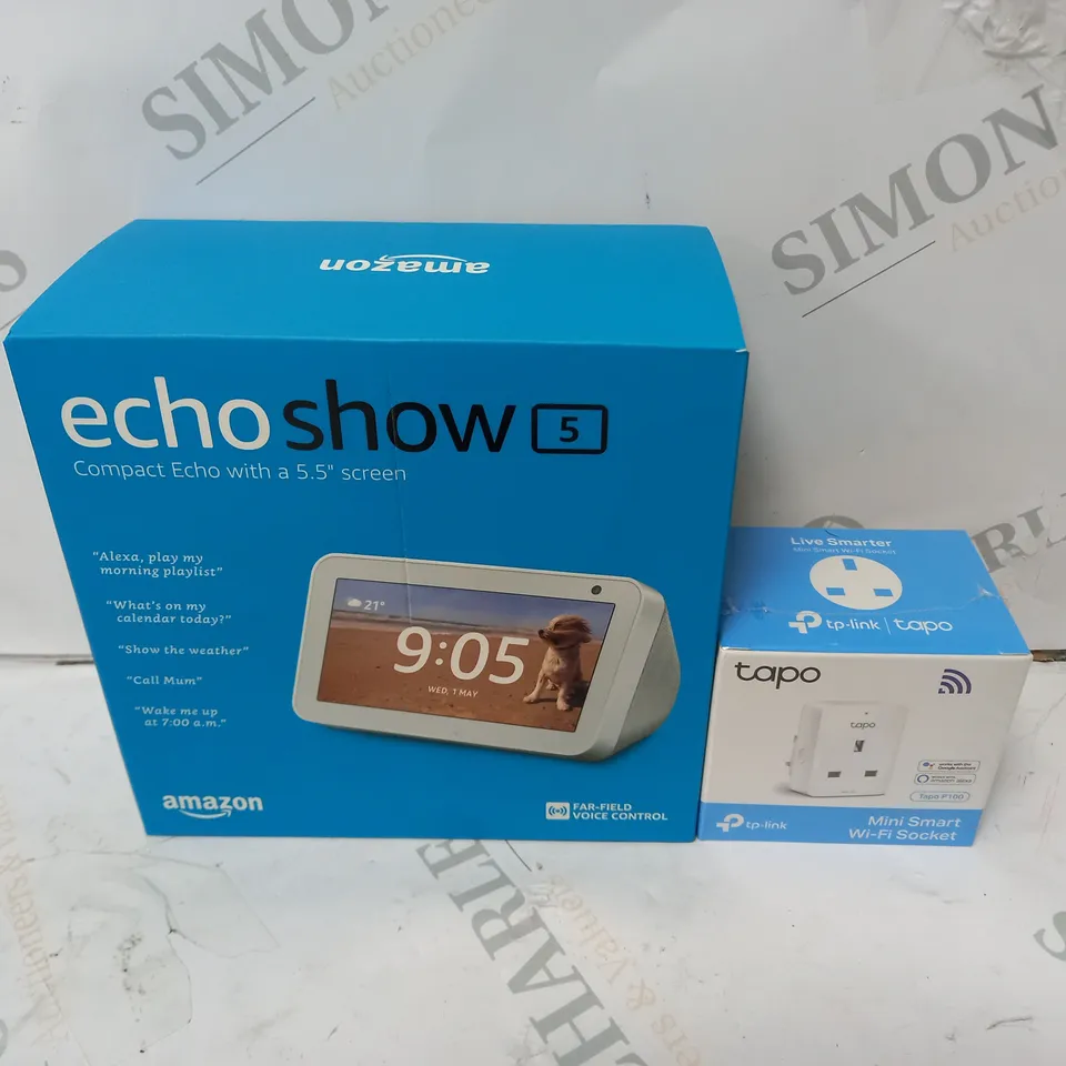 SEALED BOXED AMAZON ECHOSHOW 5 WITH TP-LINK TAPO MINI SMART WI-FI SOCKET 