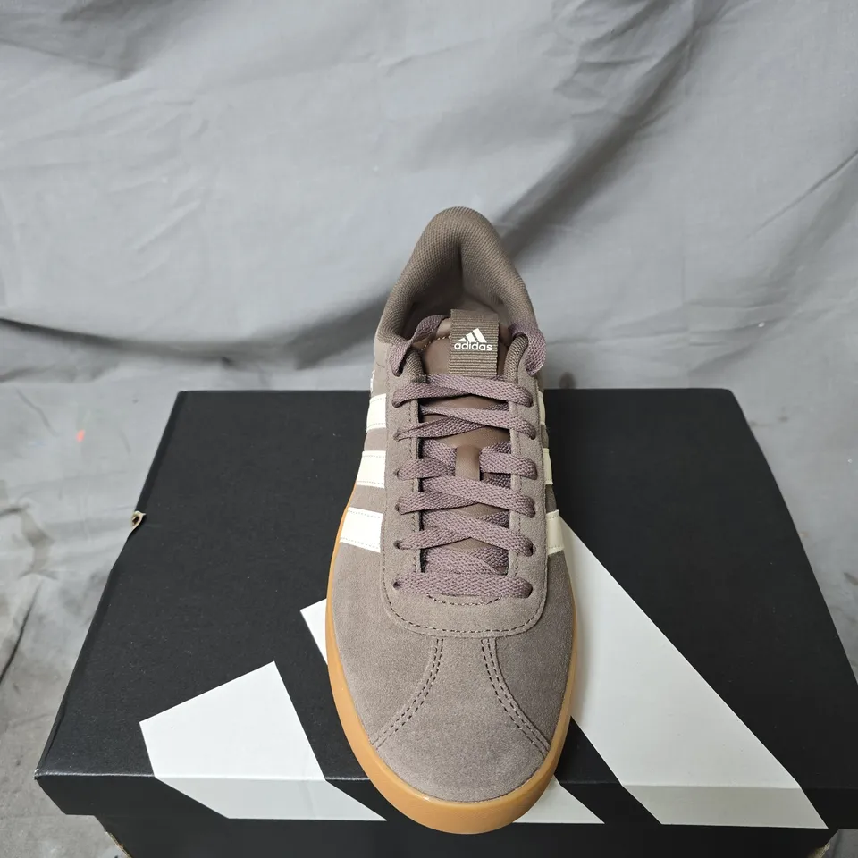 ADIDAS SUEDE TRAINERS – BROWN/TAUPE WITH WHITE STRIPES UK 6