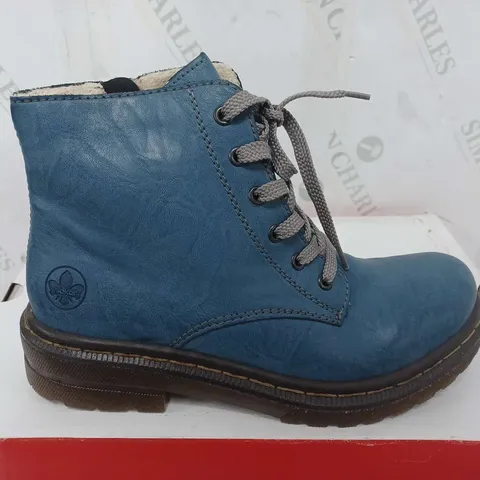 BOXED PAIR OF RIEKER LACE ANKLE BOOTS BLUE - SIZE 40