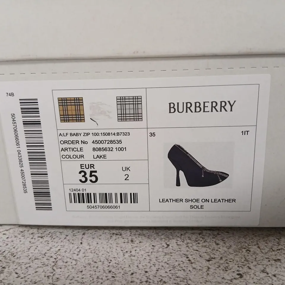 BURBERRY NAVY LEATHER ZIP-FRONT HIGH-HEEL BOOTS, UK 2 / EU 35