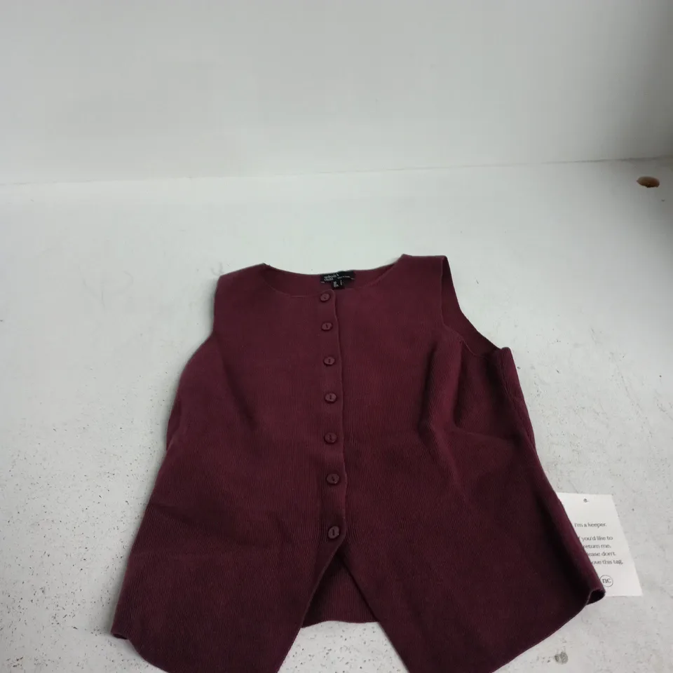 NOBODY'S CHILD BURGUNDY SLEEVELESS KNIT CARDIGAN, UK SIZE S