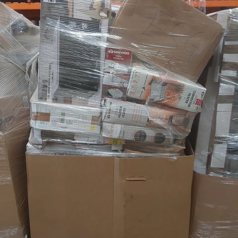 PALLET CONTAINING A VERY LARGE QUANTITY OF ASSORTED ELECTRIC ITEMS INCLUDING: DAEWOO 23L 800W DIGITAL MICROWAVE, CONVECTOR HEATERS, HALOGEN HEATERS ECT