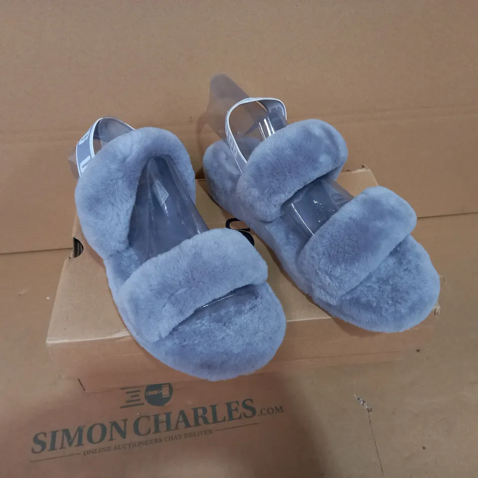 BOXED PAIR OF SIZE 8 UGG GREY FURRY OPEN SHOES 