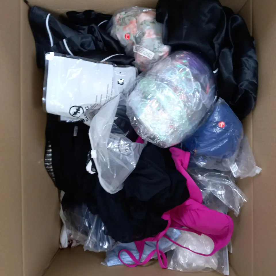 BOX OF APPROXIMATELY 25 ASSORTED CLOTHING PRODUCTS IN VARIOUS SIZES TO INCLUDE DRESSES, UNDERWEAR, TROUSERS ETC 
