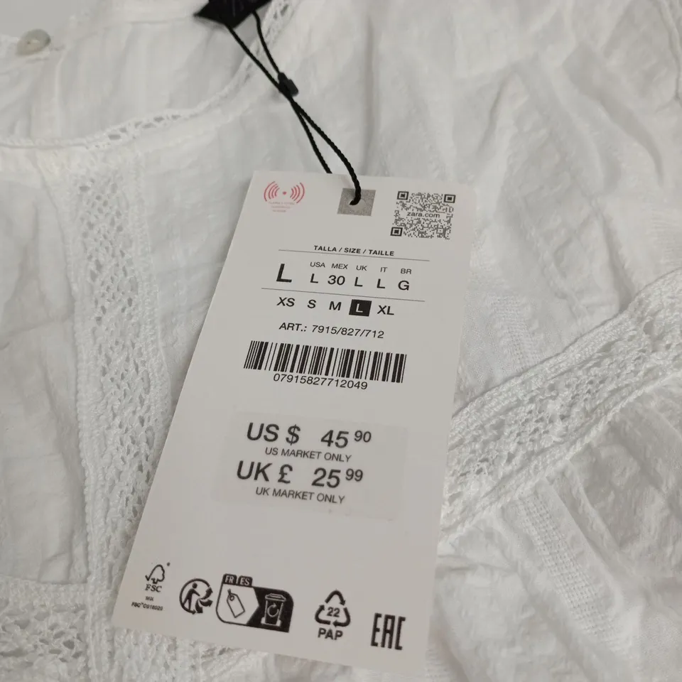 ZARA WOMEN'S WHITE LACE-TRIM TOP, UK SIZE L (US M) – TAG ATTACHED