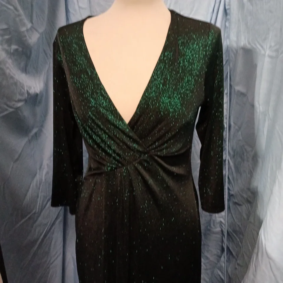ROMAN PETITE WOMEN'S EVENING DRESS – BLACK WITH EMERALD GLITTER, UK 14