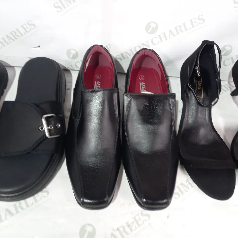 BOX OF APPROXIMATELY 20 ASSORTED PAIRS OF SHOES IN VARIOUS STYLES & SIZES TO INCLUDE M&S, U.S. BRASS, H&M, ETC