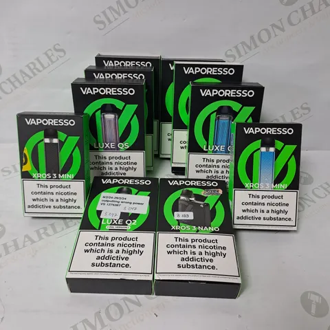 APPROXIMATELY 10 ASSORTED VAPORESSO E-CIGARETTE PRODUCTS TO INCLUDE LUXE QS, XROS 3 MINI, XROS 3 NANO