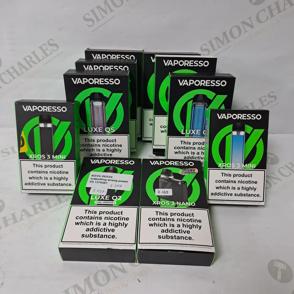 APPROXIMATELY 10 ASSORTED VAPORESSO E-CIGARETTE PRODUCTS TO INCLUDE LUXE QS, XROS 3 MINI, XROS 3 NANO 