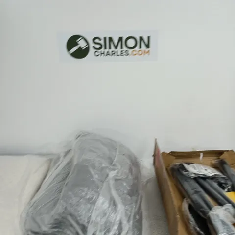 BOX OF APPROXIMATELY 5 ASSORTED ITEMS INCLUDING AN INDOOR FLAG POLE, AND 2 CUSHIONS