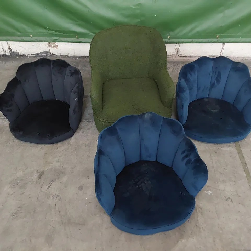 FOUR ASSORTED UPHOLSTERED CHAIR BASES (NO LEGS)