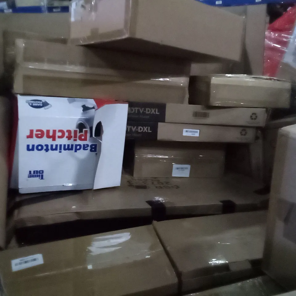 PALLET OF ASSORTED ITEMS INCLUDING COMFORT CHAIR WITH HANDLES, TABLE LAMP, CAMPING BED, FOLDING SCOOTER, AUDIO TURNTABLE