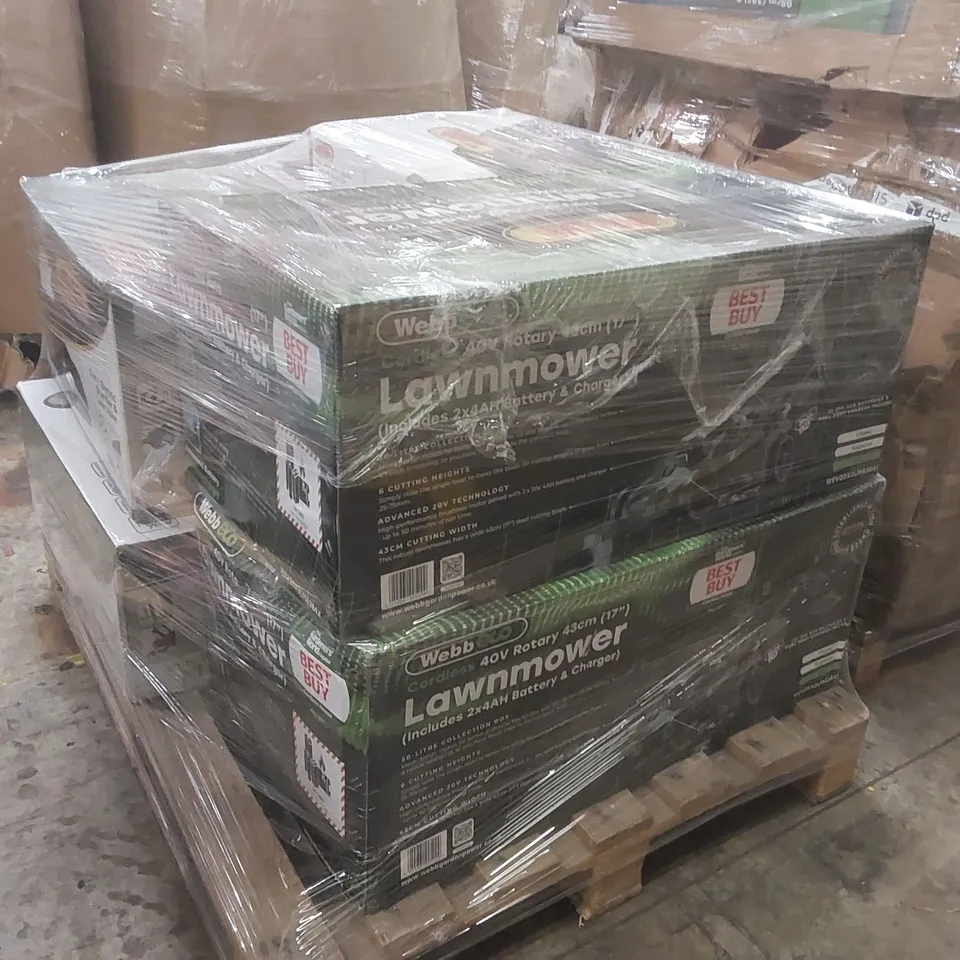PALLET CONTAINING A LARGE QUANTITY OF ASSORTED GARDENING TOOLS INCLUDING: WEBB ECO CORDLESS 40V LAWNMOWER, WEBB 2 IN 1 ELECTRIC SCARIFIER & LAWN RAKE, WEBB MANUAL 30CM HAND PUSH LAWNMOWERS ECT