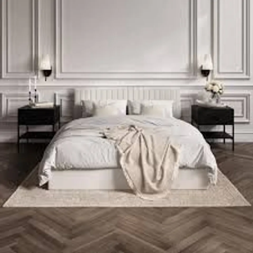 MILK WEAVE UPHOLSTERED 4FT6 DOUBLE BED WITH LIFT UP STORAGE (2BOXES)