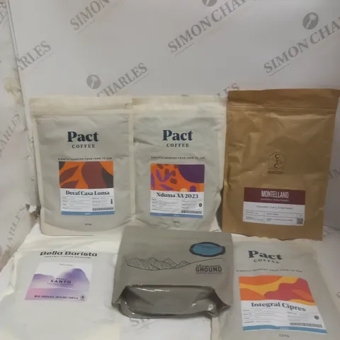 APPROXIMATELY 10 ASSORTED COFFEE PRODUCTS TO INCLUDE PACT COFFEE, CC ROASTERS, BELLA BARISTA ETC
