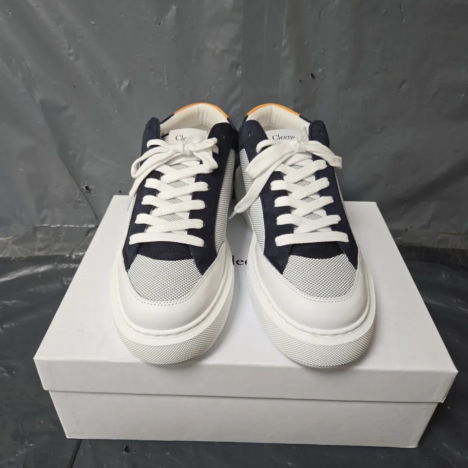 BOXED PAIR OF CLEENS LUXOR TRAINERS IN NAVY WHITE - UK 12.5